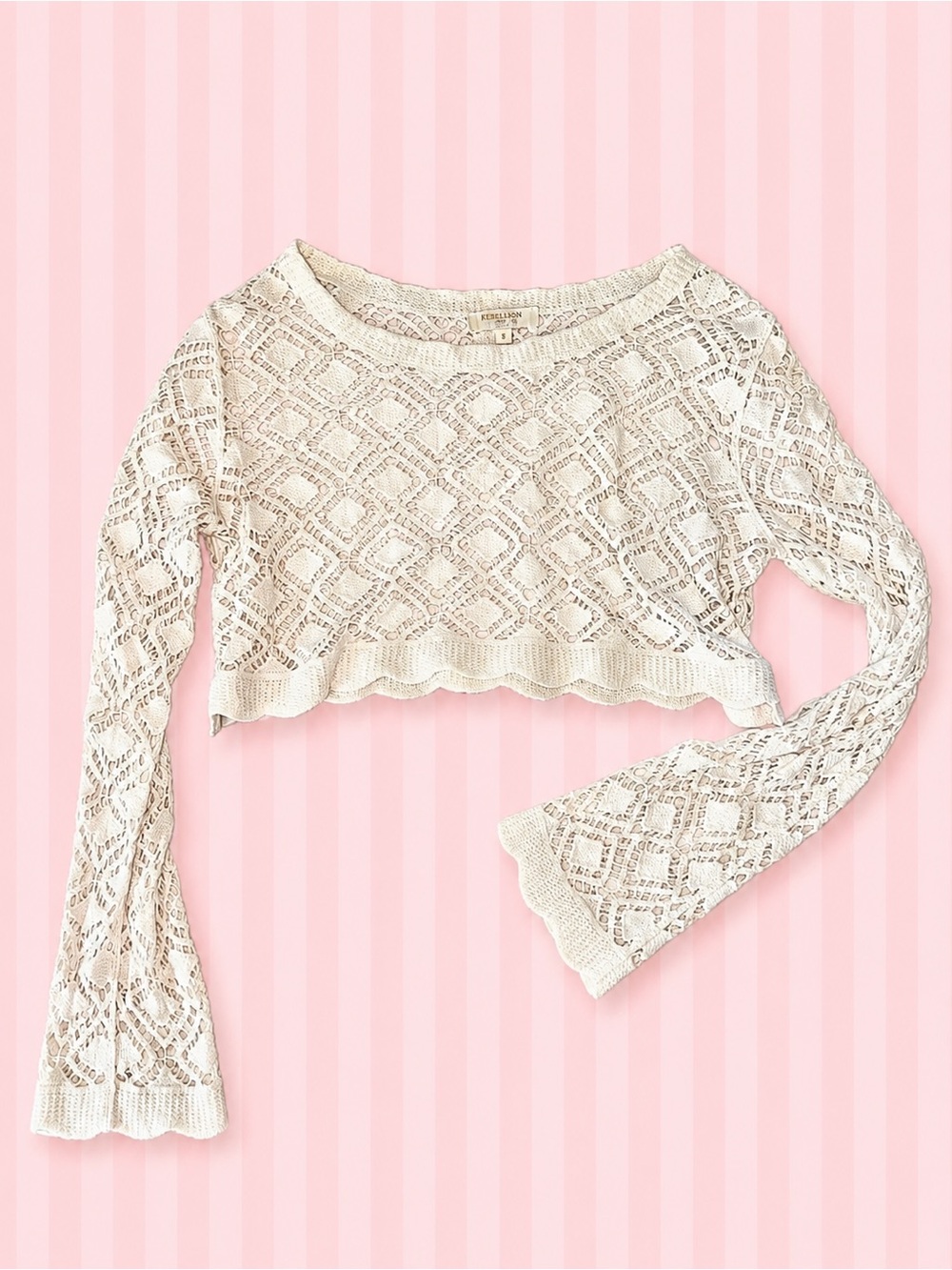 Rebellion Cream Crochet Lace Bell Sleeve Crop Top 🤍